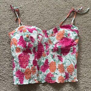 Wayf Floral Smocked Corset Camisole - Pink & Orange White